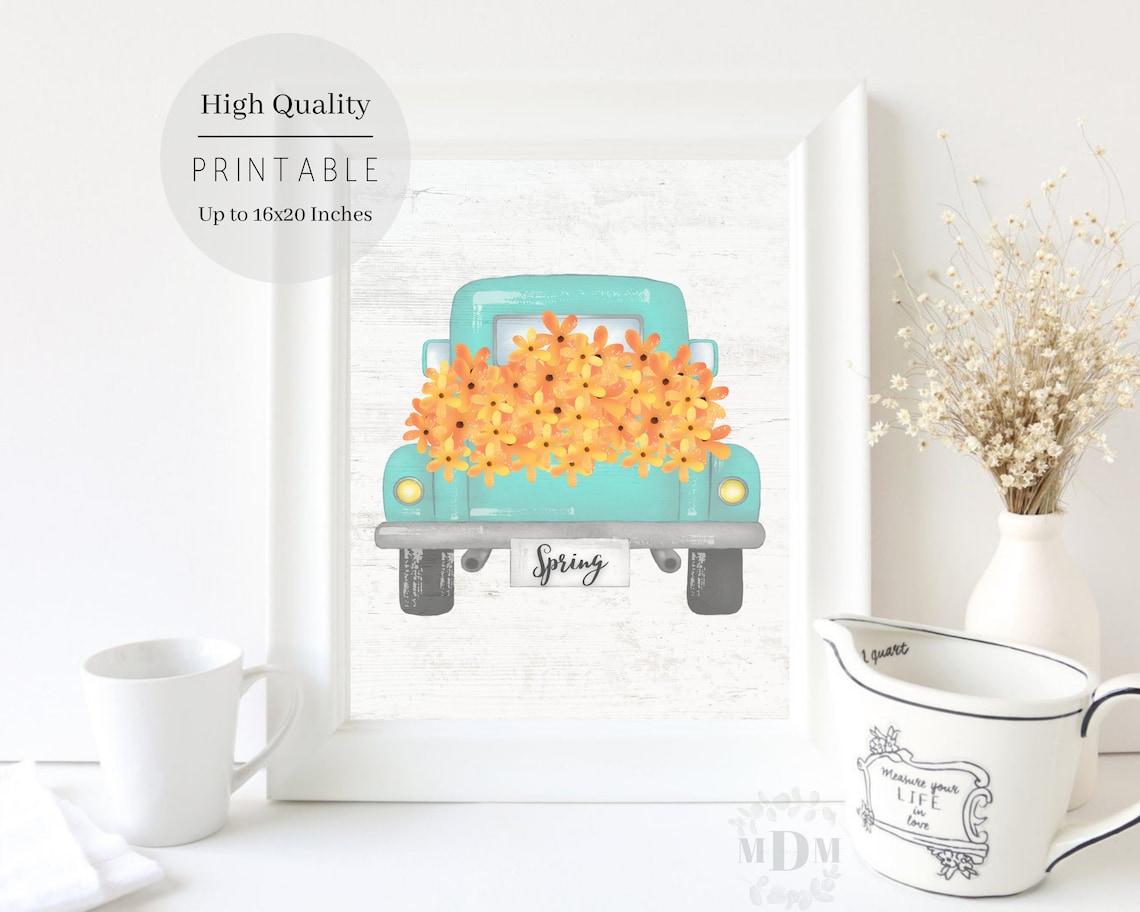 Teal Vintage Truck Loaded with Orange Daisies Spring Farmhouse Art Print - Image 3
