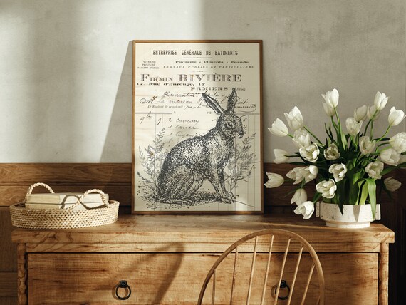 French Hare Engraving Vintage Business Ephemera Rabbit Wall Poster