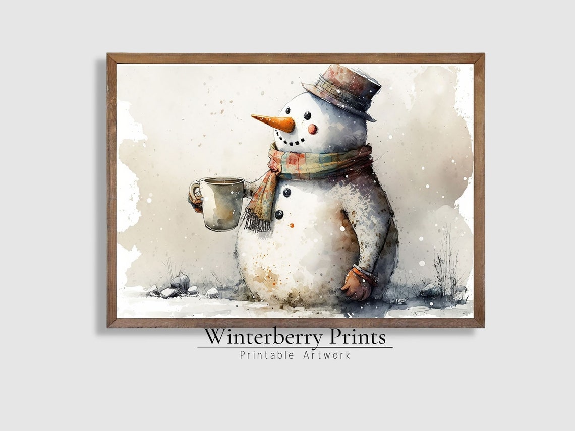 Snowman With Cocoa Plaid Scarf Watercolor Winter Christmas Poster