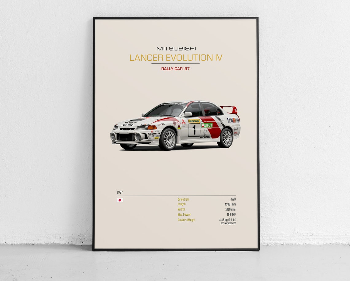 Mitsubishi Lancer Evolution IV 1997 Rally Car Spec Sheet Poster