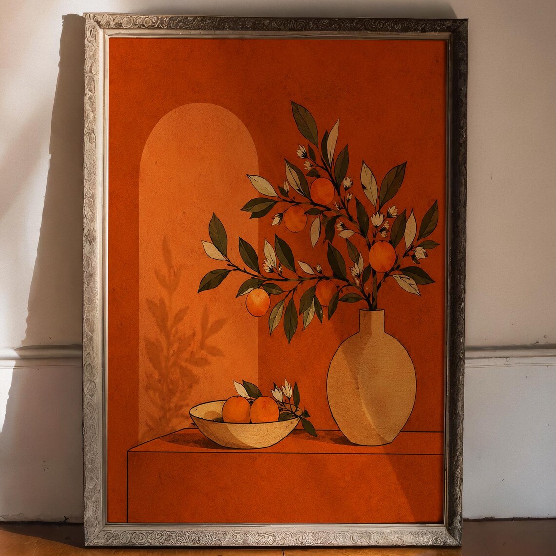 Orange Branch Still Life Poster Burnt Orange Midcentury Botanical Art