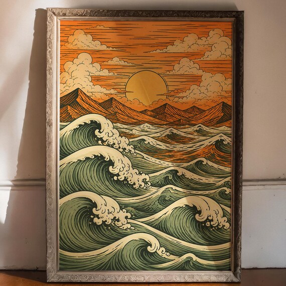Vintage Ocean Waves Sunset Print Japanese Sun Horizon Coastal Zen Poster