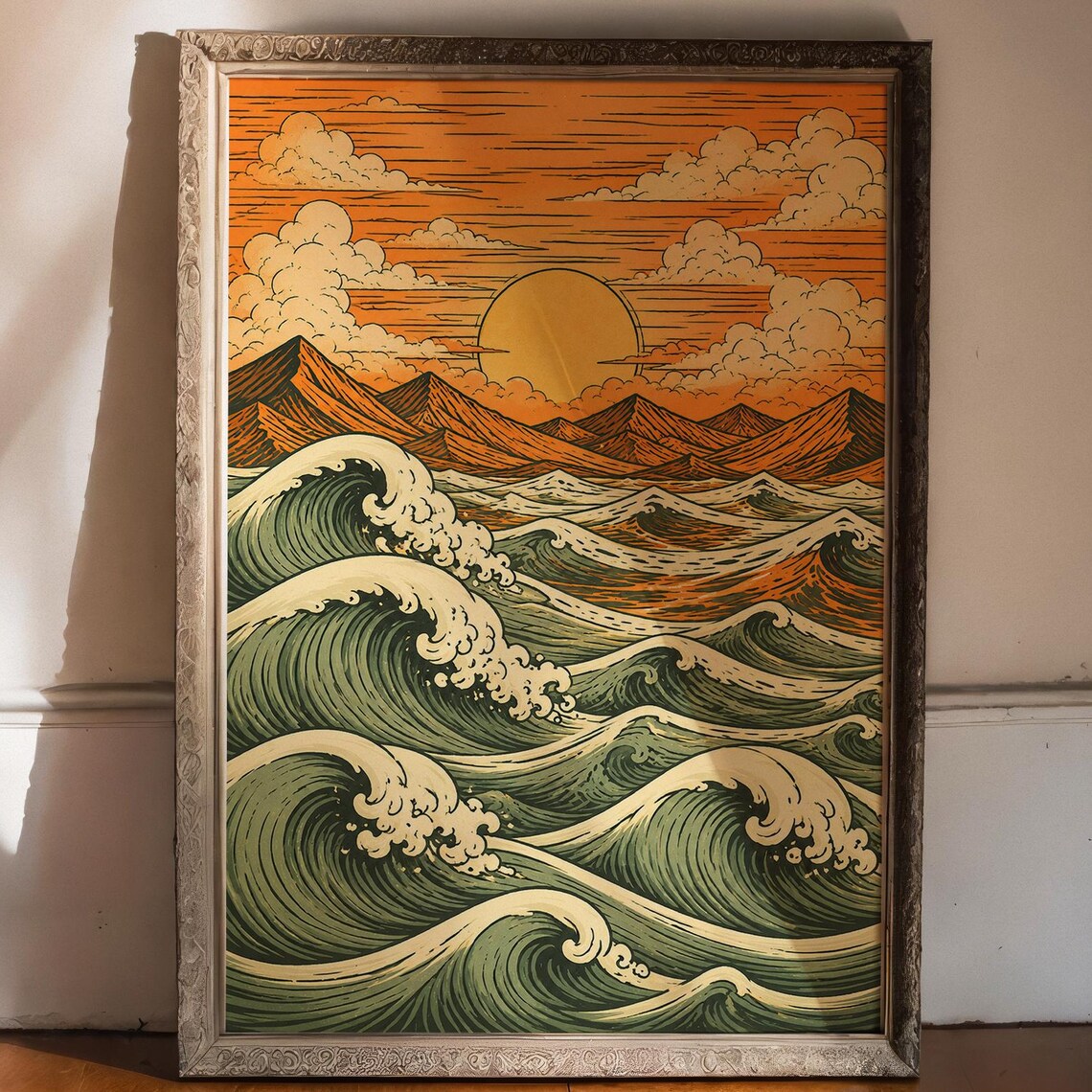 Vintage Japanese Ocean Waves Orange Sunset Coastal Art Poster