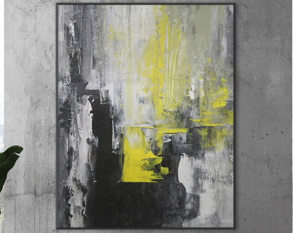 Black White Yellow Streaks Urban Abstract Painting Modern Wall Poster