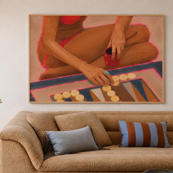 Poolside Backgammon Painting Poster Woman Playing Board Game Summer Wall Decor