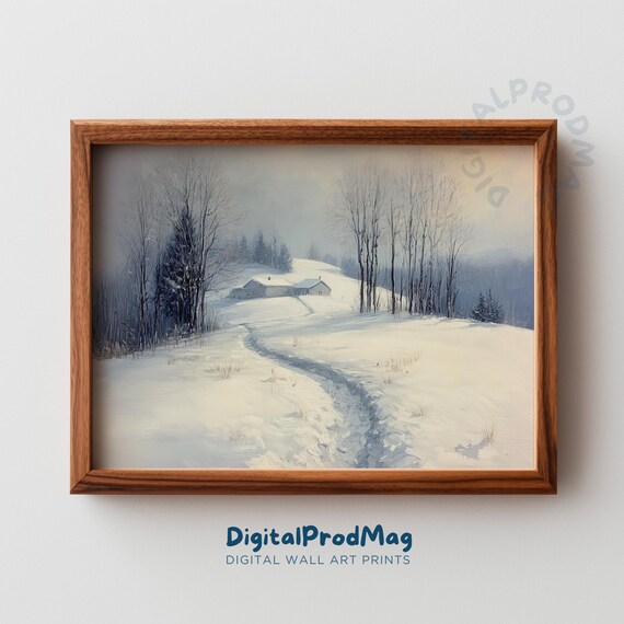 Winter Cottage Landscape Snowcovered Rustic Home Moody Holiday Scene Minimalist Country Decor Art 11