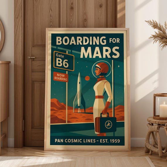 Retro Space Age Travel Poster Jet Scifi Wall Art Boarding For Mars
