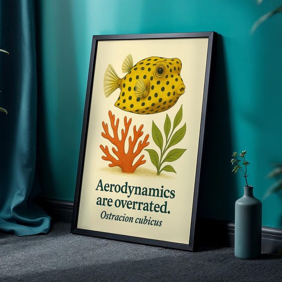 Funny Boxfish Art Print Yellow Fish Wall Decor Aerodynamics Quote