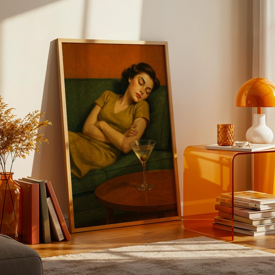 Sleeping Woman Midcentury Green Sofa Martini Evening Art Poster
