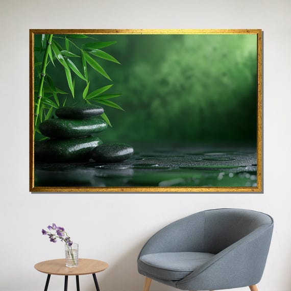 Zen Green Stones With Bamboo Leaves, Spa Decor