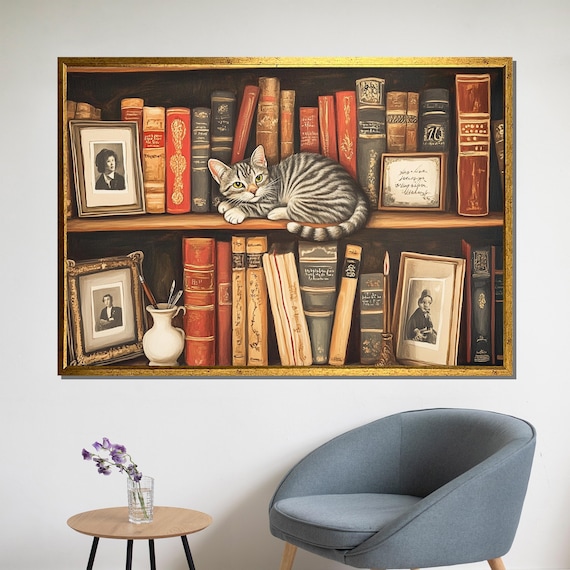 Whimsical Cat On Bookshelf, Cozy Library Poster