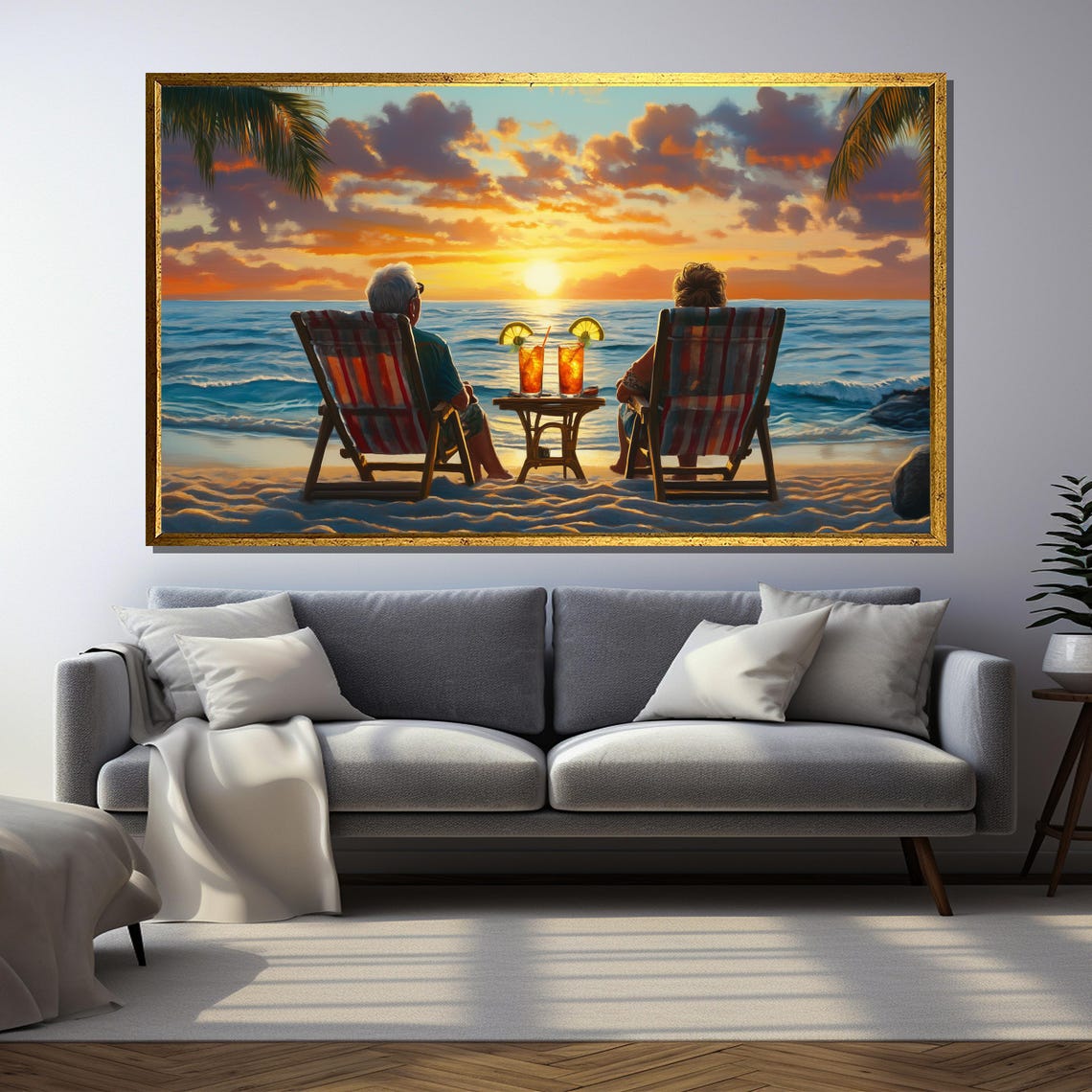 Elderly Couple Watching Sunset On Beach, Coastal Art