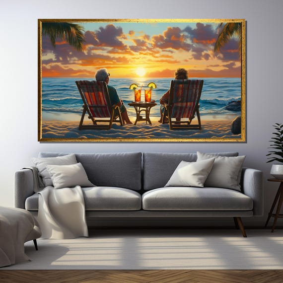Elderly Couple Watching Sunset On Beach, Coastal Art