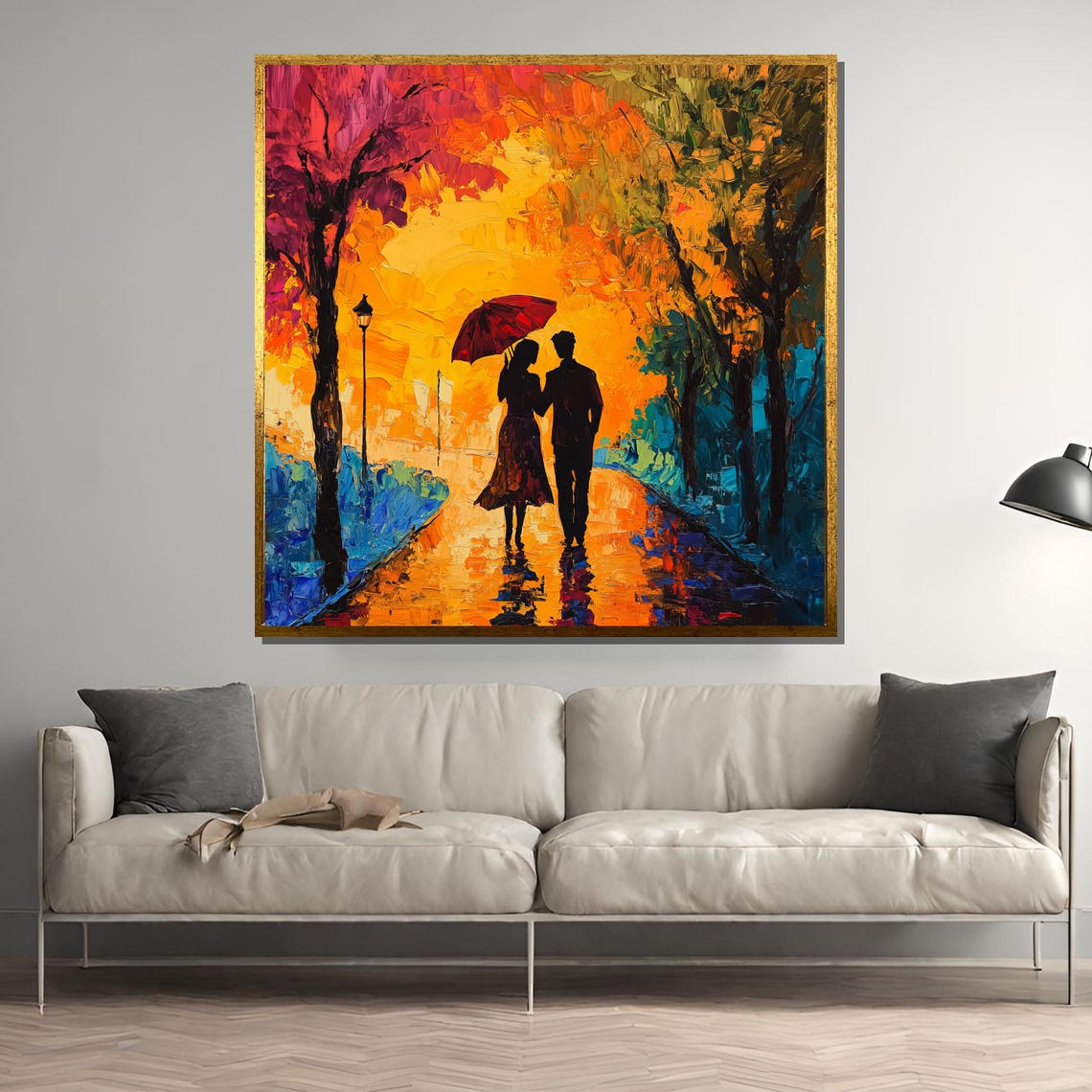 Romantic Couple Walking Under Red Umbrella, Impressionist Art Print