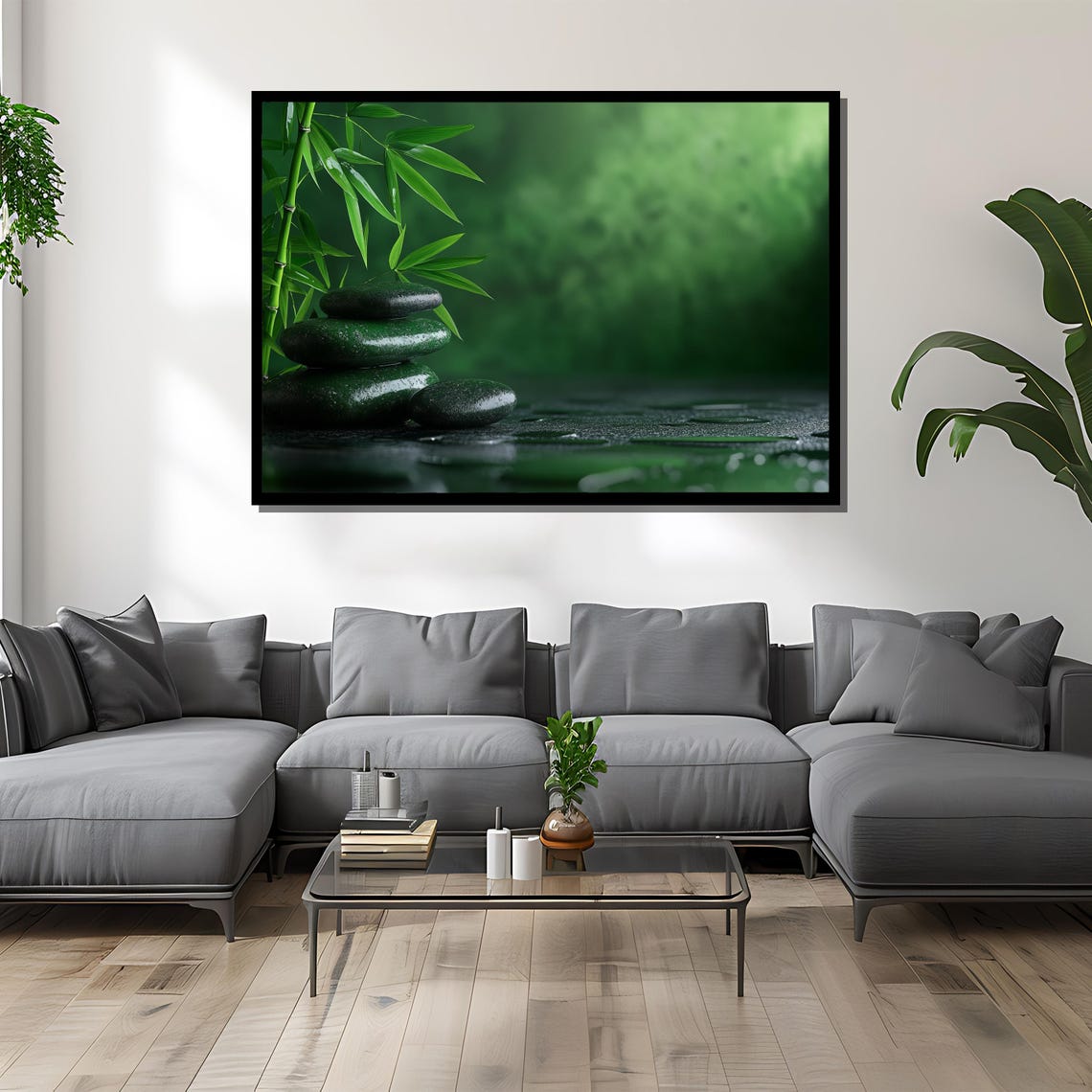 Zen Green Stones With Bamboo Leaves, Spa Decor - Image 2