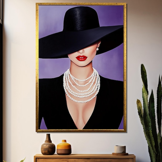 Elegant Woman In Black Hat, Pearl Necklace Portrait