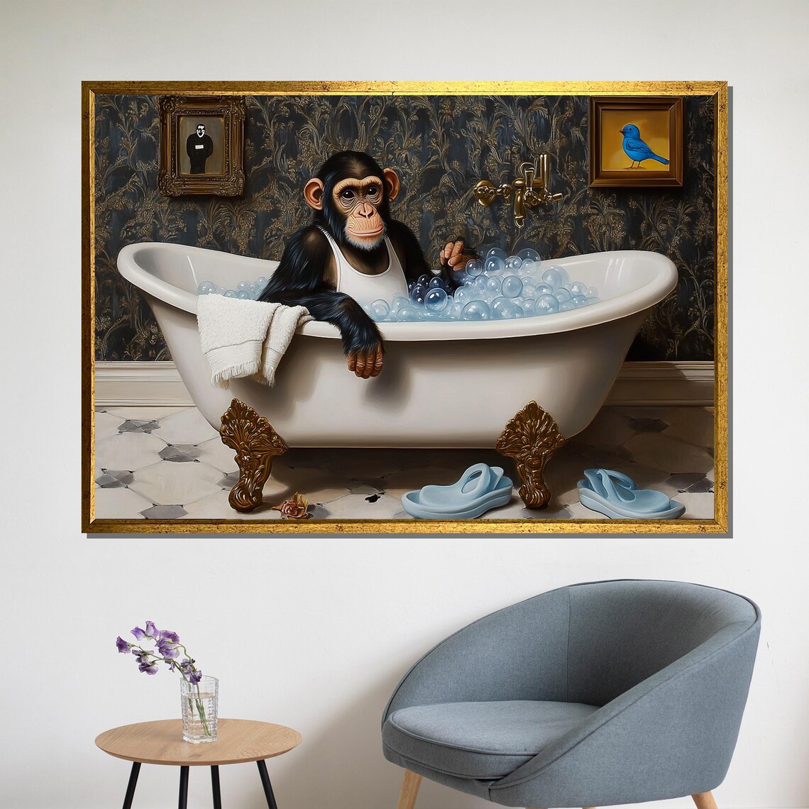 Monkey In Bathtub, Funny Bathroom Art Gift