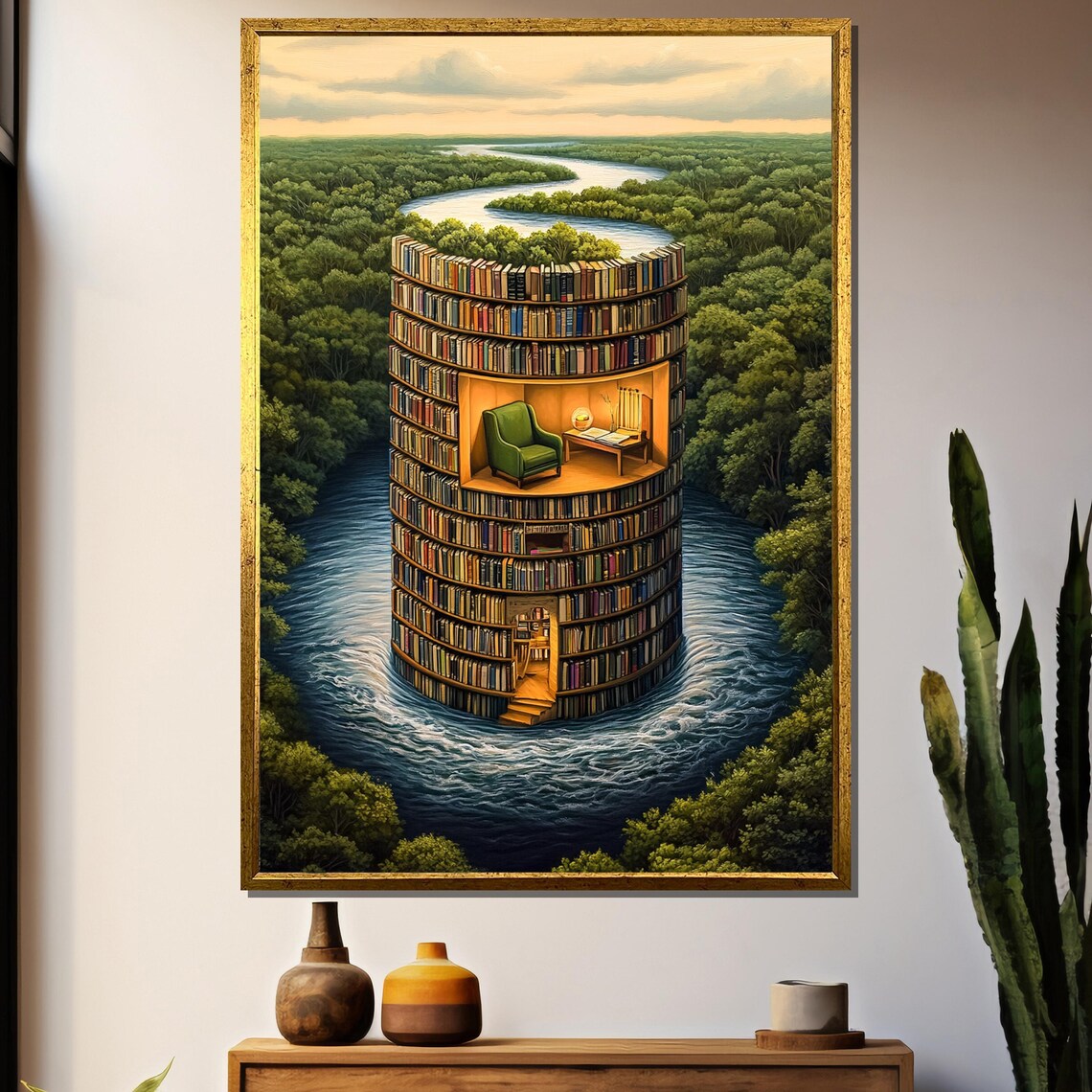 Surreal Book Tower, Library Wall Art