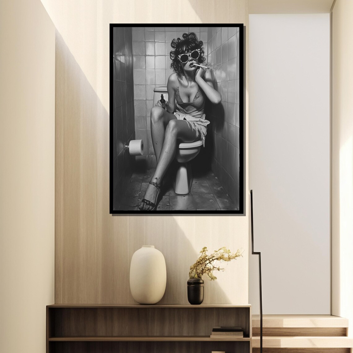 Smoking Woman On Toilet, Retro Grunge Bathroom Decor - Image 2