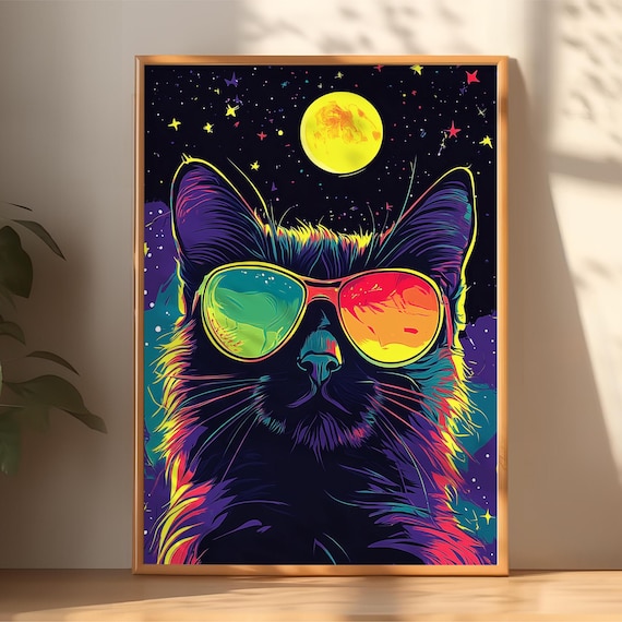 Neon Pop Art Black Cat With Rainbow Sunglasses Under Moonlight Poster