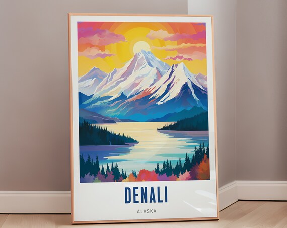 Denali Alaska Sunrise Snowy Peak Lake Pines Mid Century Travel Poster