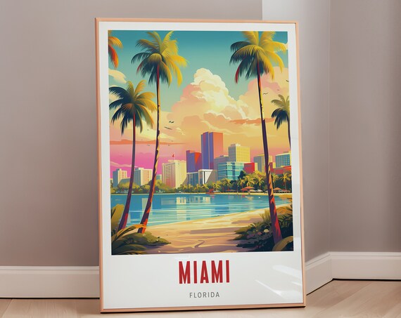Miami Florida Palm Trees Bay Skyline Beach Sunset Travel Poster