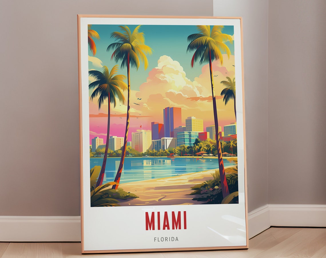 Miami Florida Palm Trees Bay Skyline Beach Sunset Travel Poster