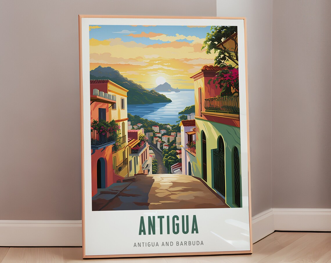 Antigua Old Town Sunset Harbor Mid Century Modern Travel Poster