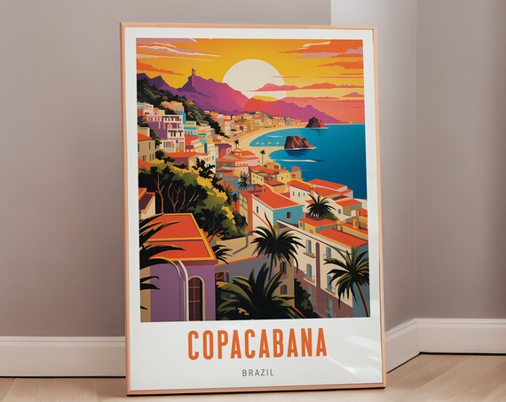 Copacabana Brazil Sunset Beach Mid Century Modern Travel Poster