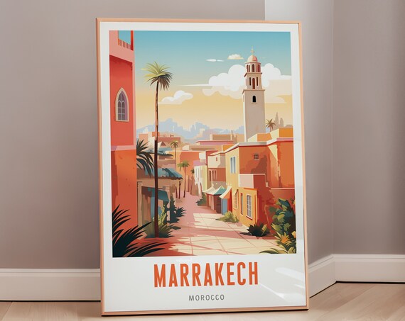 Marrakech Morocco Vintage Travel Poster Desert City Palm Street Art Scene