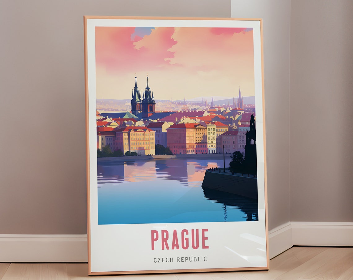 Prague Czech Republic River Reflection Sunset Skyline Travel Poster