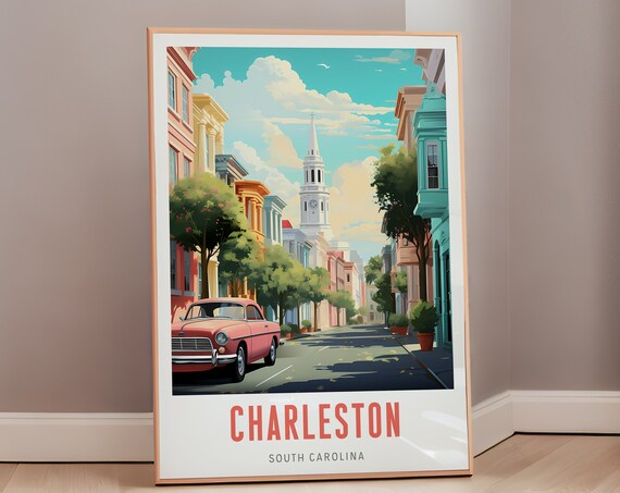 Charleston South Carolina Vintage Car Church Steeple Street Travel Poster
