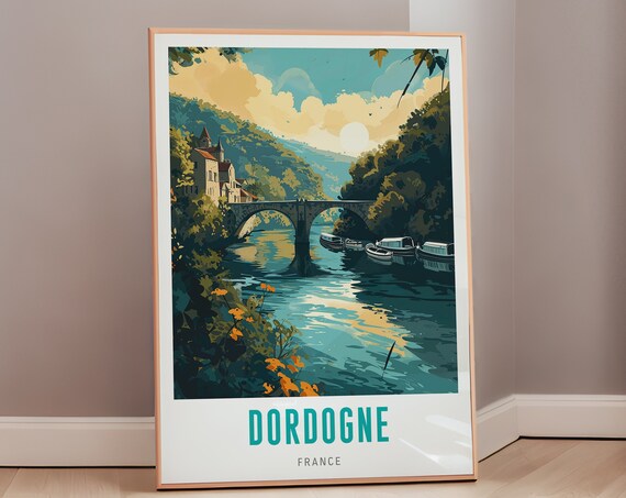 Dordogne France Stone Bridge Riverside Village Travel Poster