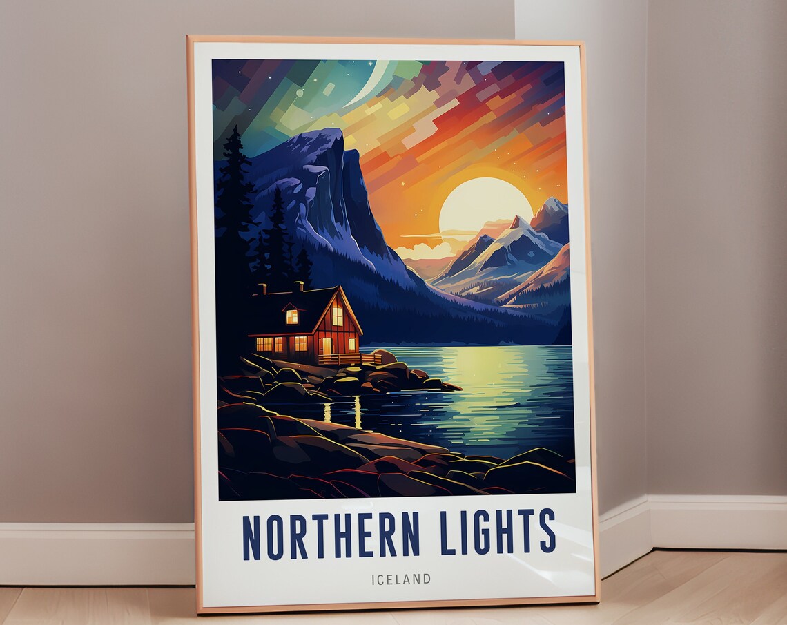Northern Lights Iceland Aurora Cabin Lake Mountain Night Poster