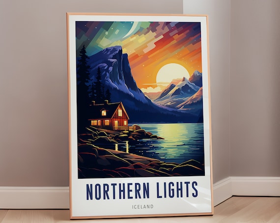 Northern Lights Iceland Aurora Cabin Lake Mountain Night Poster
