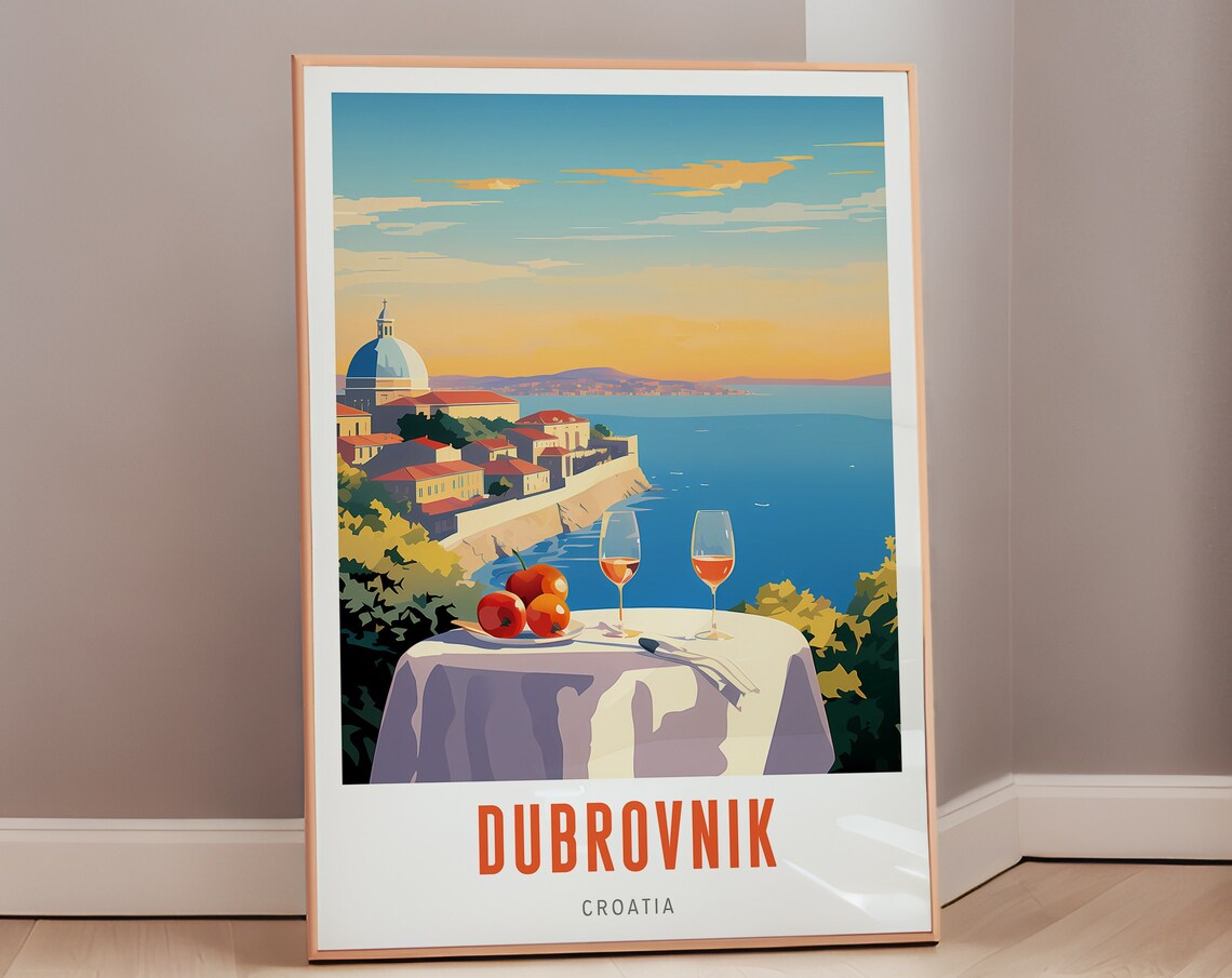 Dubrovnik Croatia Sunset Wine Coast Old Town Vintage Travel Poster