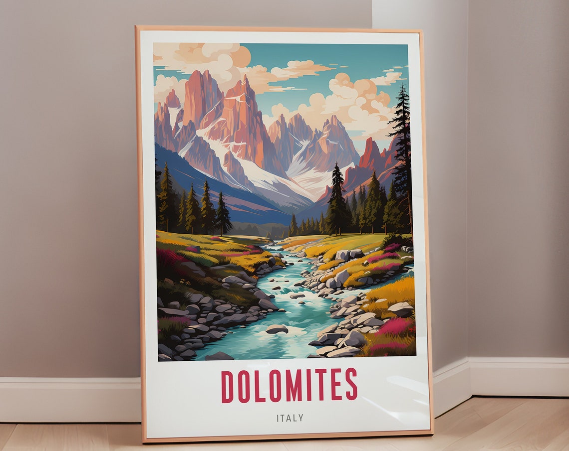 Dolomites Italy Alpine Peaks Mid Century Modern Travel Poster