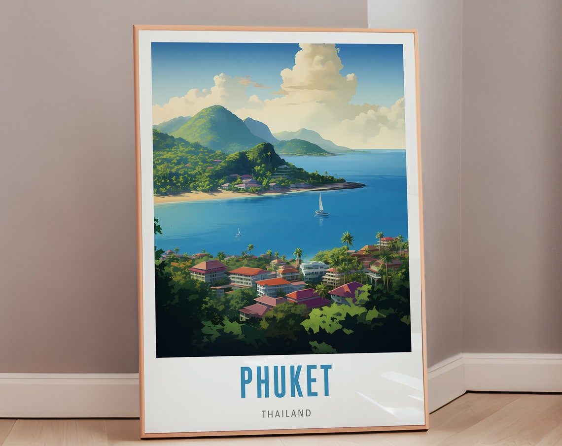 Phuket Thailand Tropical Bay Sailboats Green Hills Travel Poster