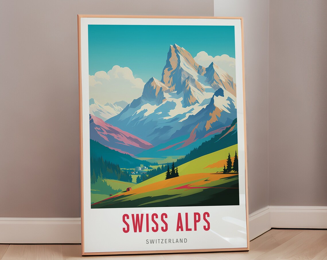 Swiss Alps Snow Peaks Alpine Meadow Vintage Switzerland Travel Poster