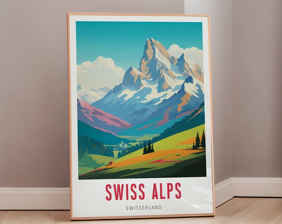 Swiss Alps Snow Peaks Alpine Meadow Vintage Switzerland Travel Poster