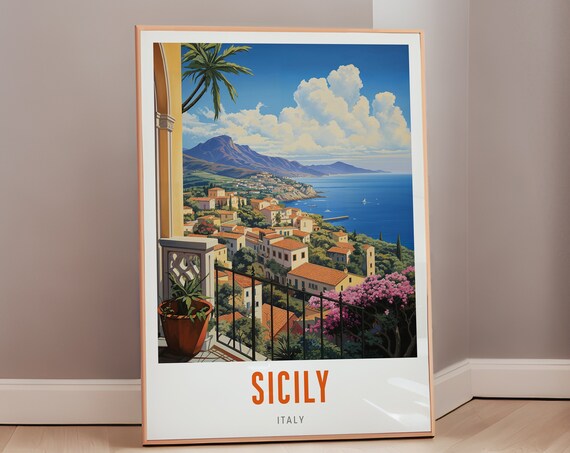 Sicily Italy Coastal Town Terrace Sea View Vintage Travel Poster