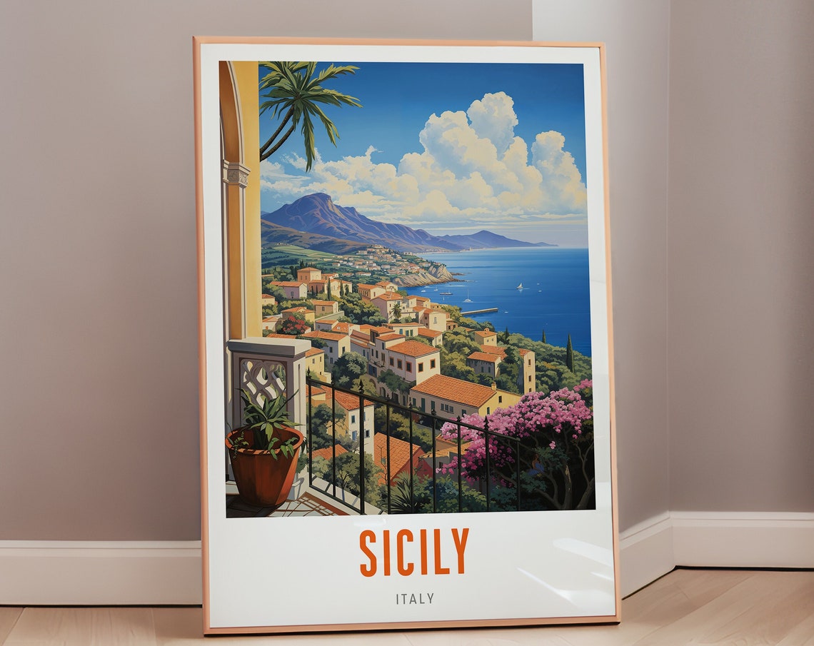 Sicily Italy Coastal Town Terrace Sea View Vintage Travel Poster
