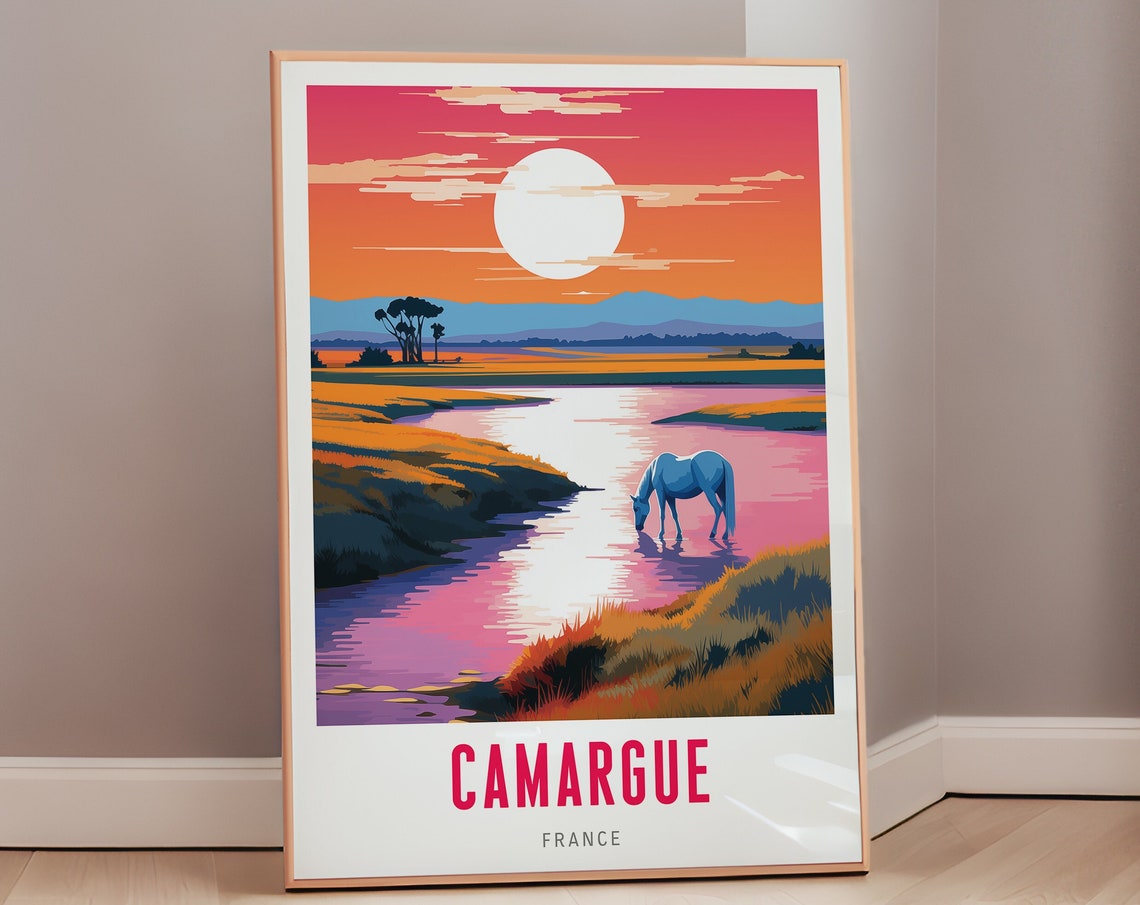 Camargue France White Horse Drinking at Sunset River Travel Poster