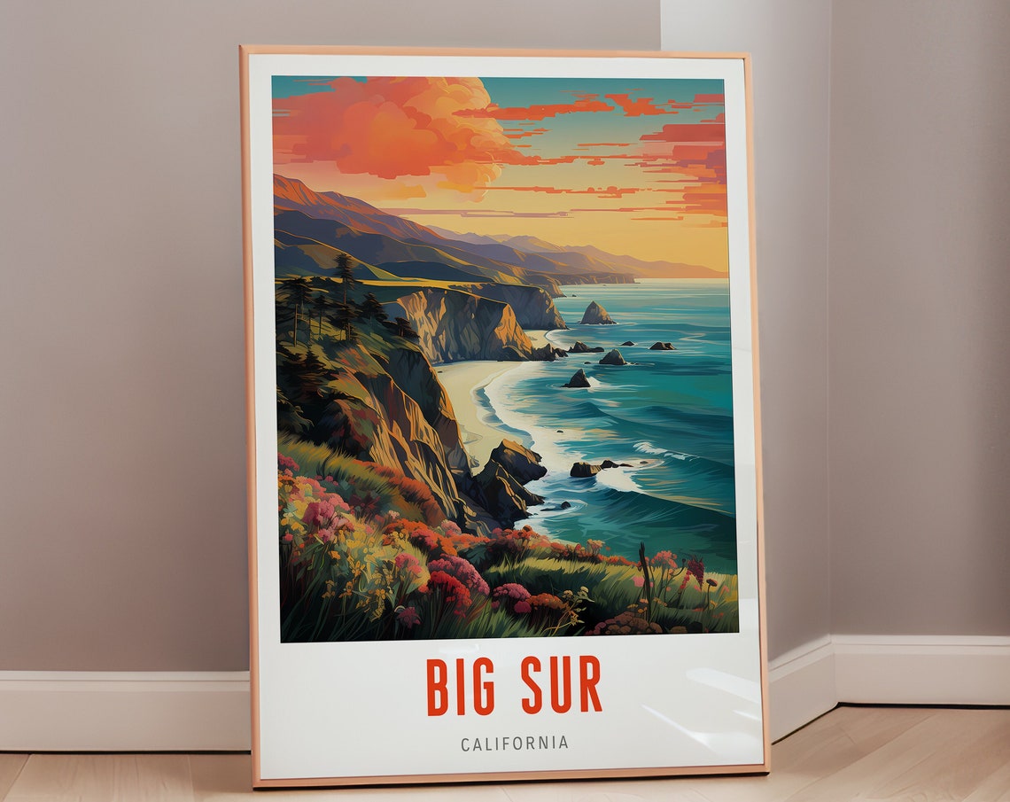 Big Sur California Sunset Cliffs Coastal Vintage Travel Poster
