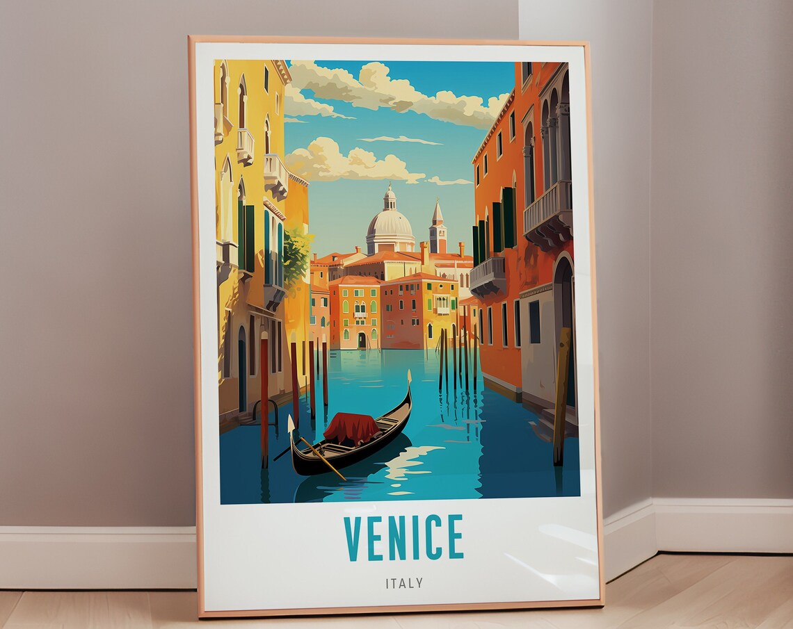 Venice Italy Sunny Grand Canal Gondola Mid Century Travel Poster