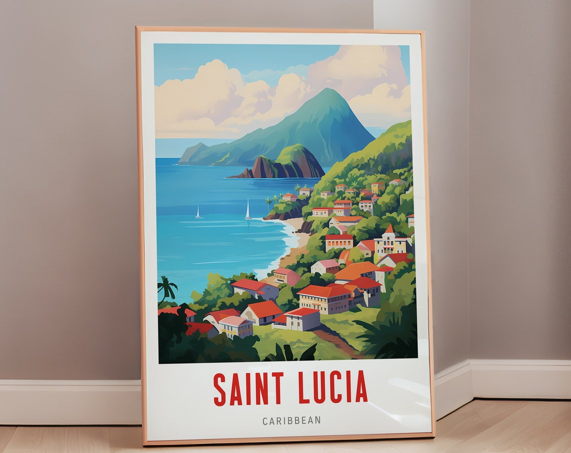 Saint Lucia Caribbean Pitons Bay Sailboats Vintage Travel Poster