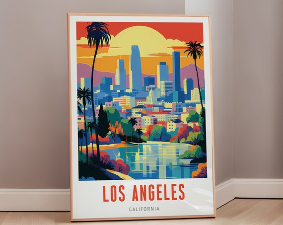 Los Angeles California Vintage Travel Poster Sunset Skyline Palm Art Decor