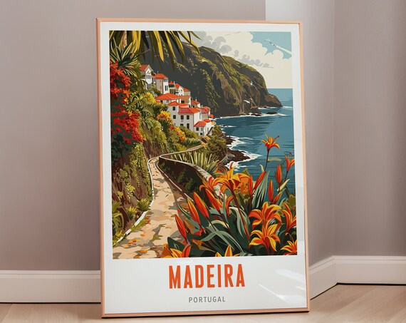 Madeira Portugal Cliff Path White Houses Red Roofs Travel Poster