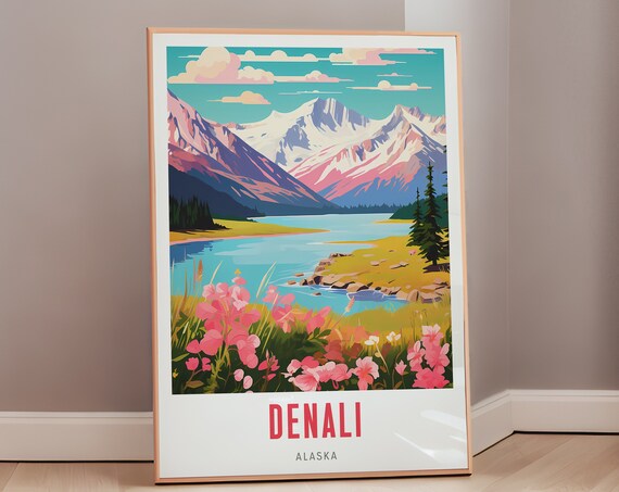 Denali Alaska Summer Wildflowers Turquoise Lake Travel Poster