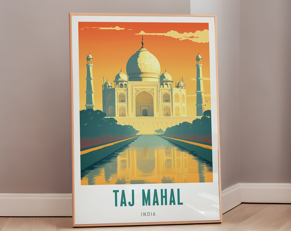 Taj Mahal India Golden Sunset Dome Reflection Vintage Travel Poster
